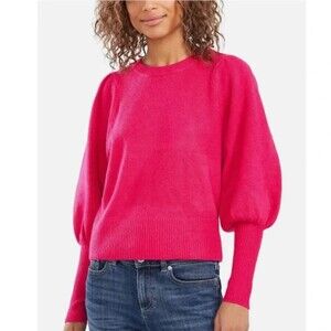 CeCe Hot Pink Pullover Sweater Long Balloon Puff Sleeve Crew Neck Sz S